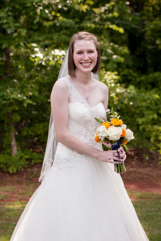 Oleg Cassini One Shoulder Tulle Ball Gown with Lace Appliques